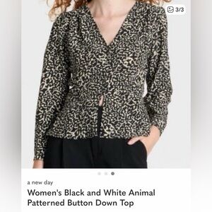 a new day Black and White Animal Print Button-Front Top